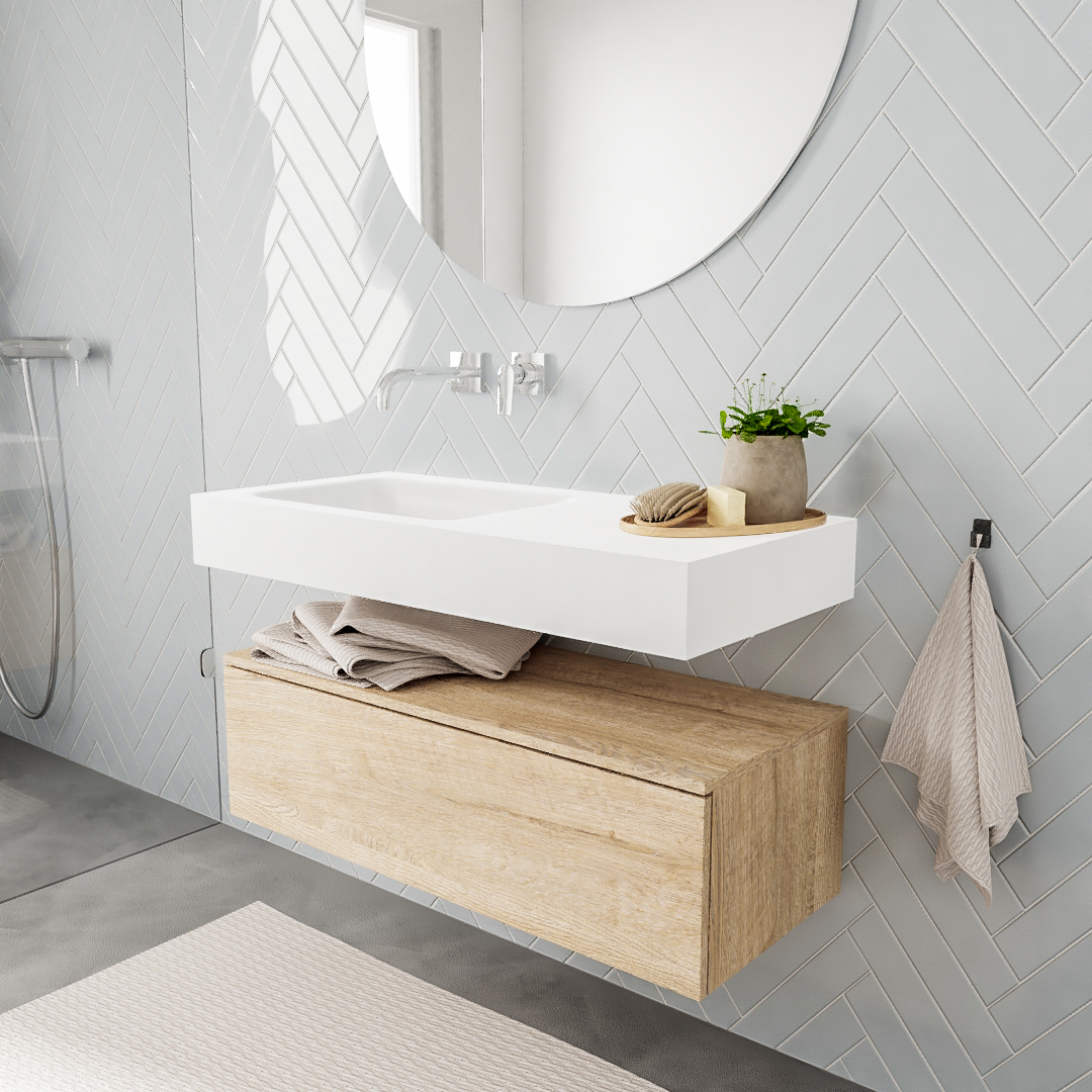MONDIAZ ALAN 100cm mueble de baño Washed Oak 1 cajón lavabo suspendido Izquierda sin orificio