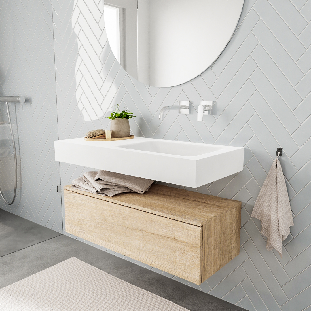 MONDIAZ ALAN 100cm mueble de baño Washed Oak 1 cajón lavabo suspendido Derecho sin orificio