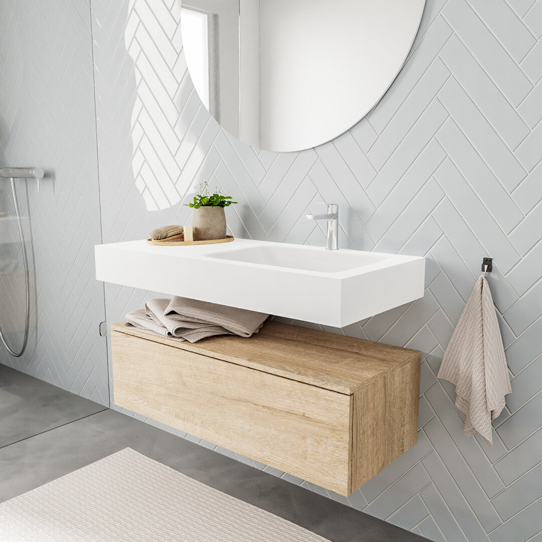 MONDIAZ ALAN 100cm mueble de baño Washed Oak 1 cajón lavabo suspendido Derecho 1 orificio, color Talc. 1 MONDIAZ ALAN 100cm mueble de baño Washed Oak 1 cajón lavabo suspendido Derecho 1 orificio