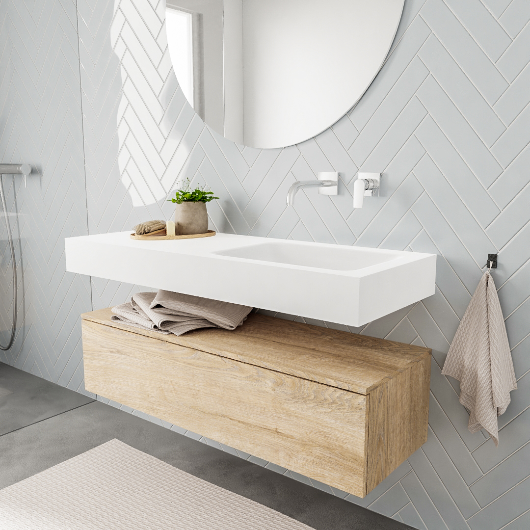 Mueble suspendido ALAN 120 cm de 1 cajón roble lavabo. Encimera con lavabo CLOUD derecha sin orificio blanco mate 5 MONDIAZ ALAN 120cm mueble de baño Washed Oak 1 cajón lavabo suspendido Derecho sin orificio