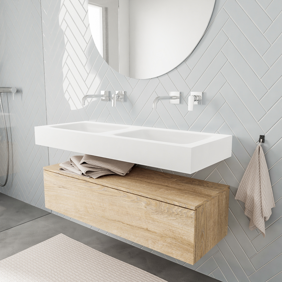 Mueble suspendido ALAN 120 cm de 1 cajón roble lavabo. Encimera con lavabo CLOUD doble sin orificio blanco mate 5 MONDIAZ ALAN 120cm mueble de baño Washed Oak 1 cajón lavabo suspendido Doble sin orificio