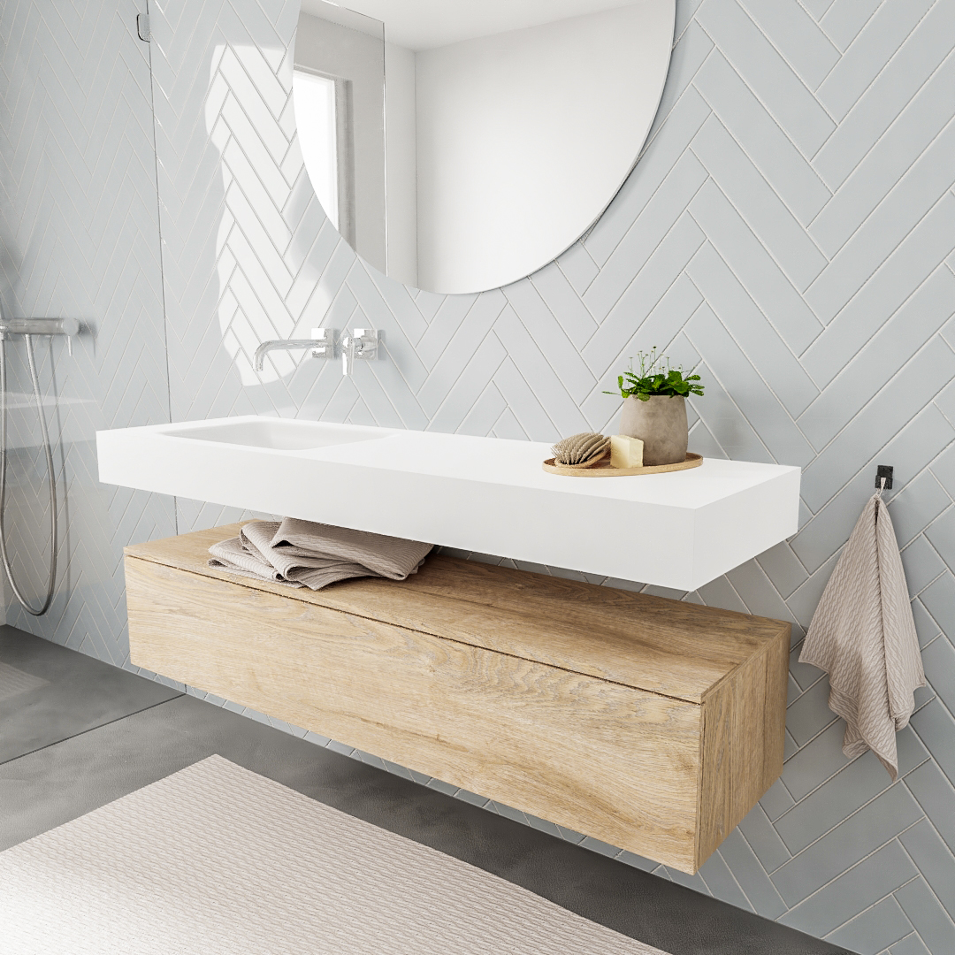 MONDIAZ ALAN 150cm mueble de baño Washed Oak 1 cajón lavabo suspendido Izquierda sin orificio