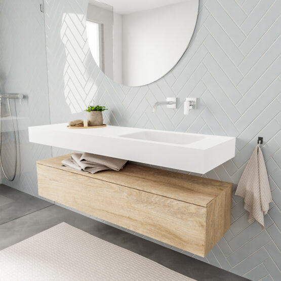MONDIAZ ALAN 150cm mueble de baño Washed Oak 1 cajón lavabo suspendido Derecho sin orificio