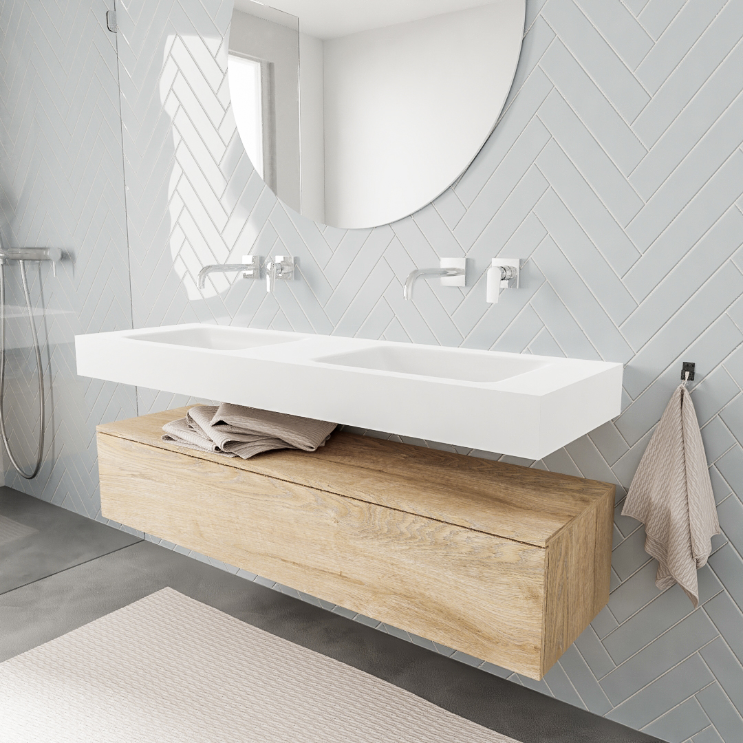 MONDIAZ ALAN 150cm mueble de baño Washed Oak 1 cajón lavabo suspendido Doble sin orificio