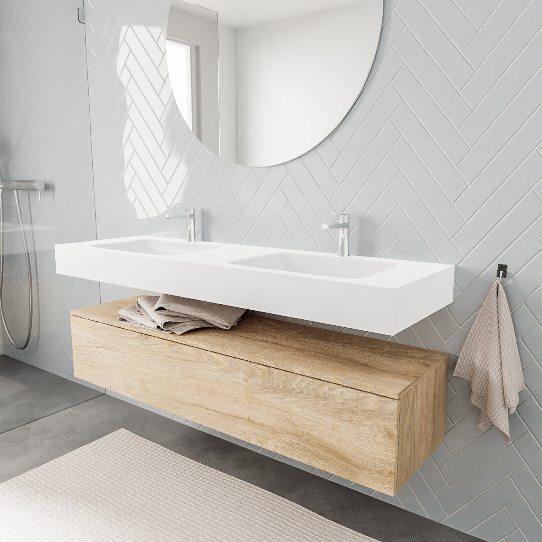 MONDIAZ ALAN 150cm mueble de baño Washed Oak 1 cajón lavabo suspendido Doble 2 orificios