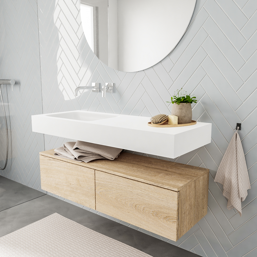 MONDIAZ ALAN 120cm mueble de baño Washed Oak 2 cajones lavabo suspendido Izquierda sin orificio
