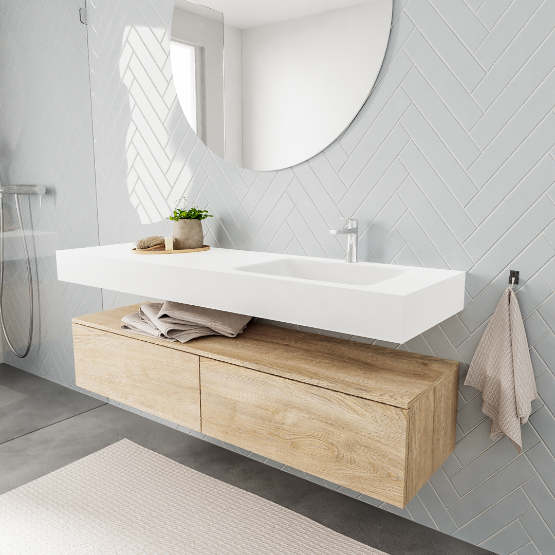 Mueble suspendido ALAN 150 cm de 2 cajones roble lavabo. Encimera con lavabo CLOUD derecha 1 orificio blanco mate 5 MONDIAZ ALAN 150cm mueble de baño Washed Oak 2 cajones lavabo suspendido Derecho 1 orificio