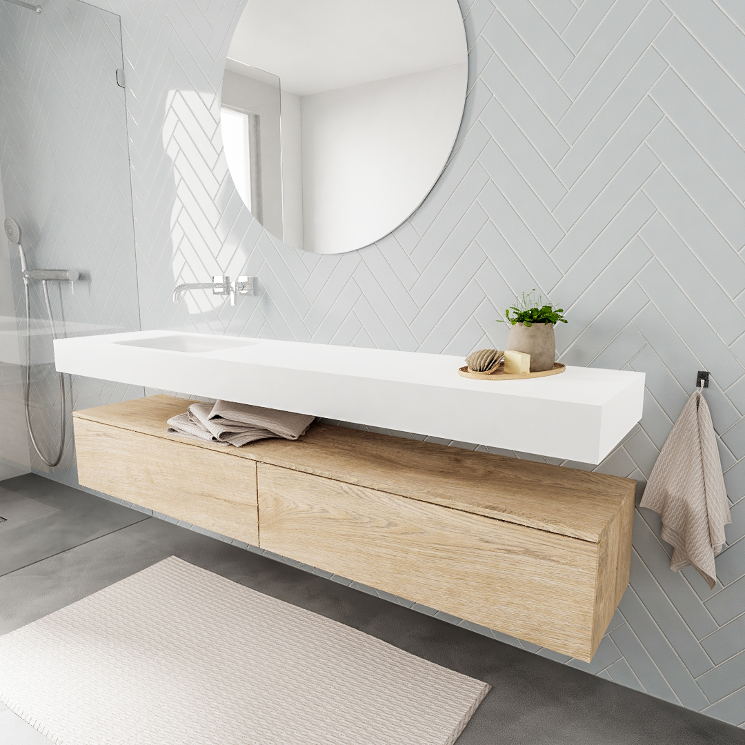MONDIAZ ALAN 200cm mueble de baño Washed Oak 2 cajones lavabo suspendido Izquierda sin orificio