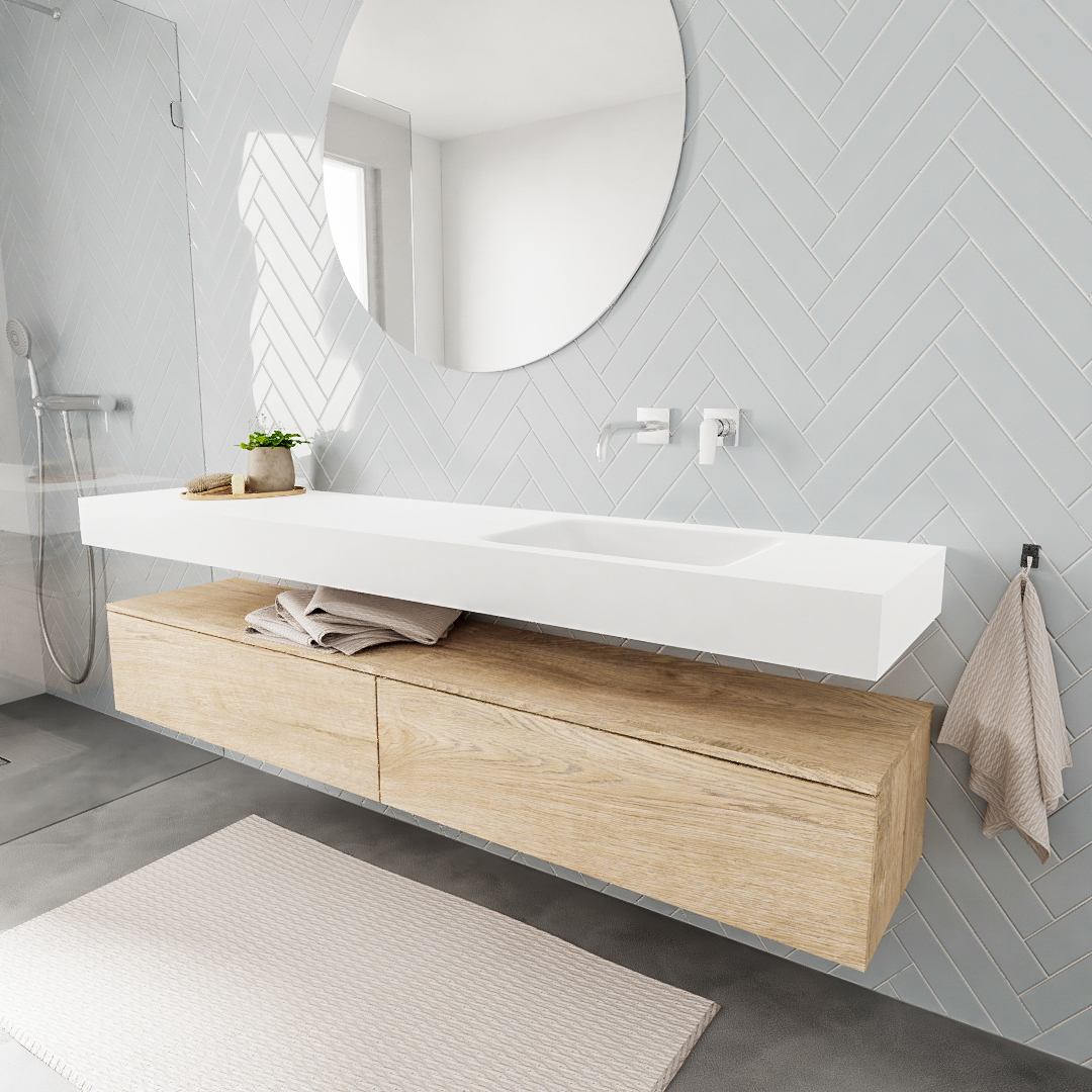 Mueble suspendido ALAN 200 cm de 2 cajones roble lavabo. Encimera con lavabo CLOUD derecha sin orificio blanco mate 5 MONDIAZ ALAN 200cm mueble de baño Washed Oak 2 cajones lavabo suspendido Derecho sin orificio