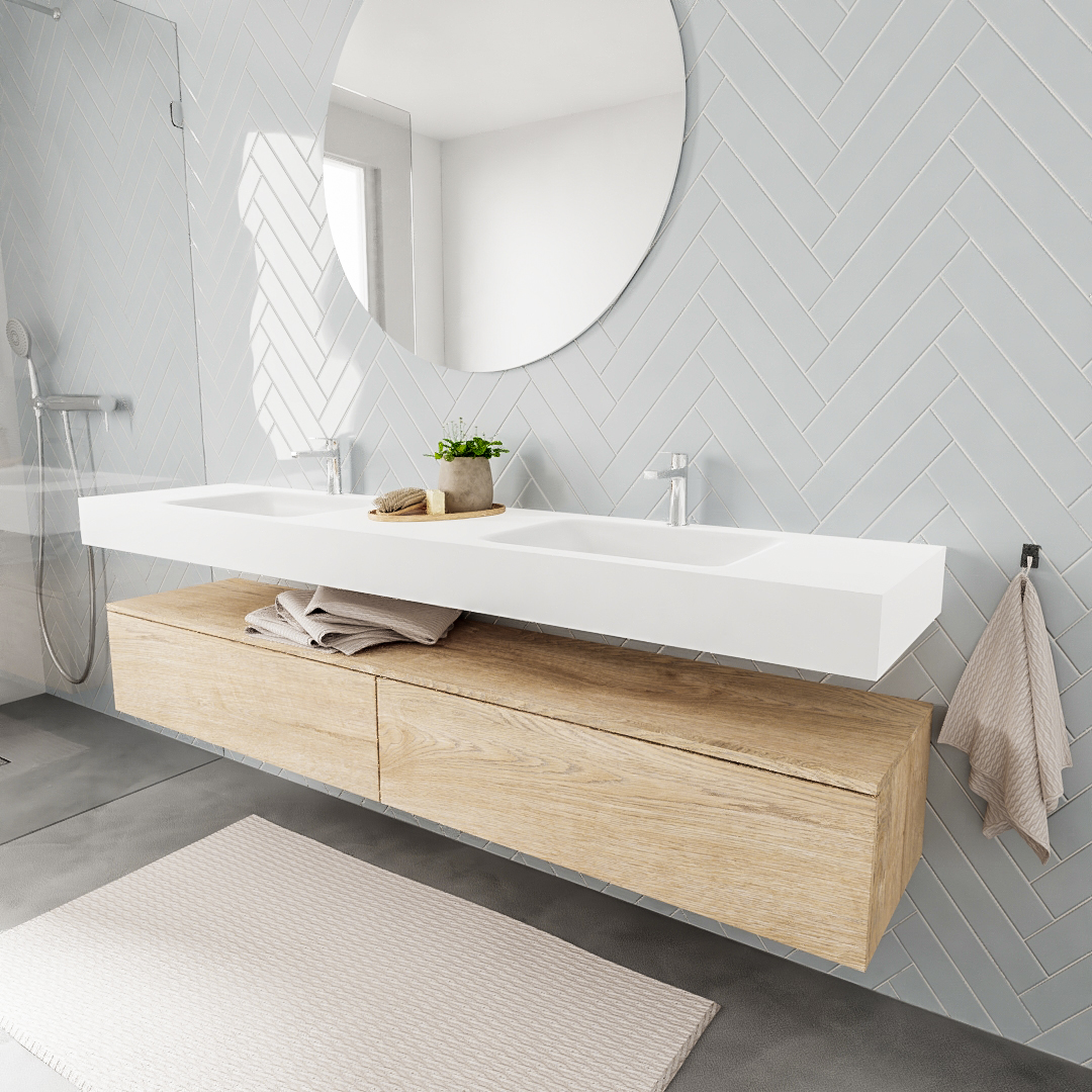 MONDIAZ ALAN 200cm mueble de baño Washed Oak 2 cajones lavabo suspendido Doble 2 orificios