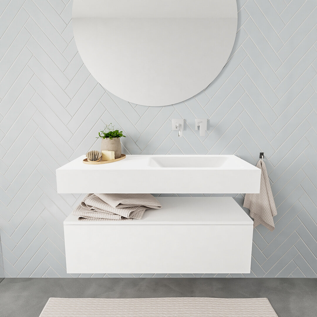 Mueble suspendido ALAN 100 cm de 1 cajón blanco mate. Encimera con lavabo CLOUD derecha sin orificio blanco mate 7 color Talc.
