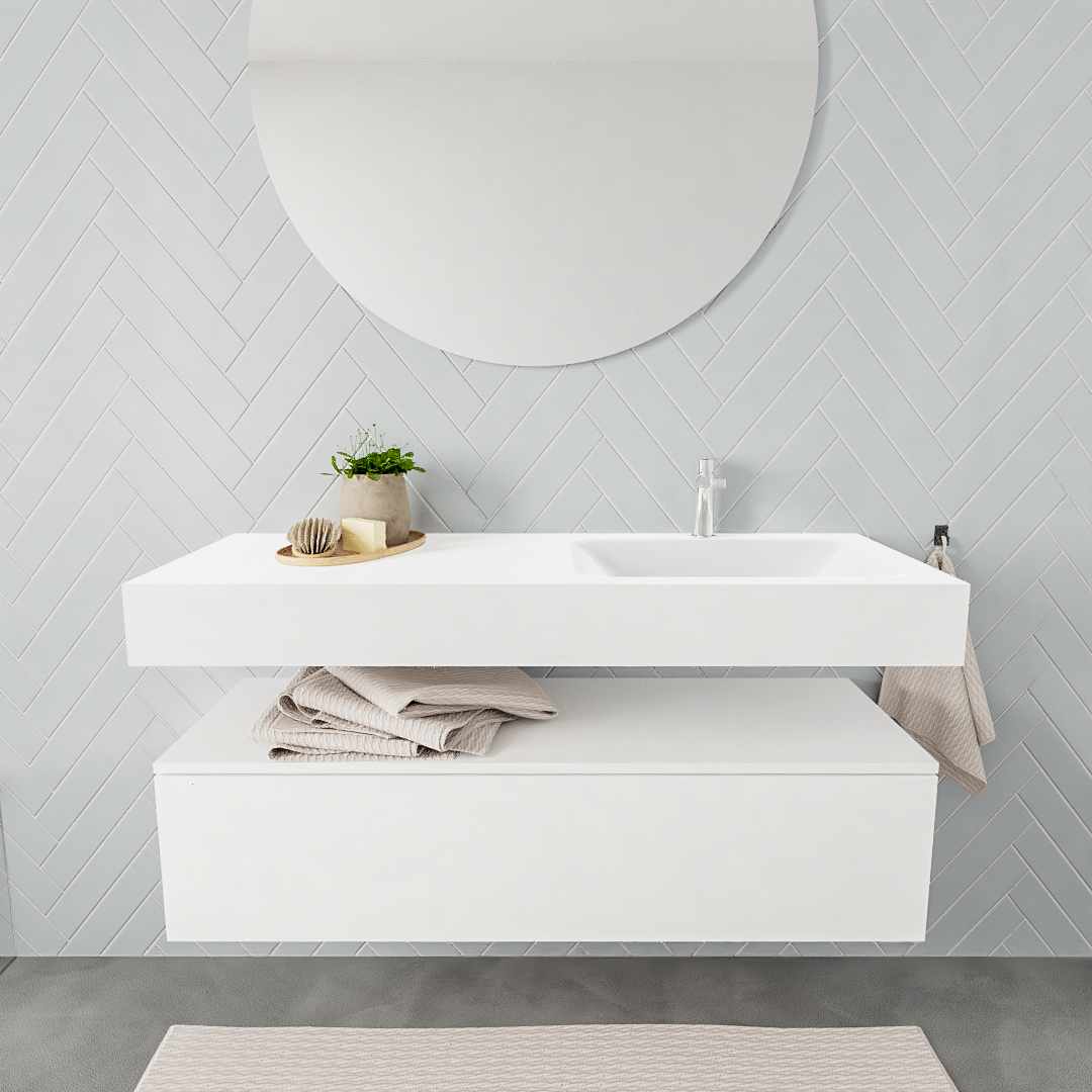 Mueble suspendido ALAN 120 cm de 1 cajón blanco mate. Encimera con lavabo CLOUD derecha 1 orificio blanco mate 7 color Talc.