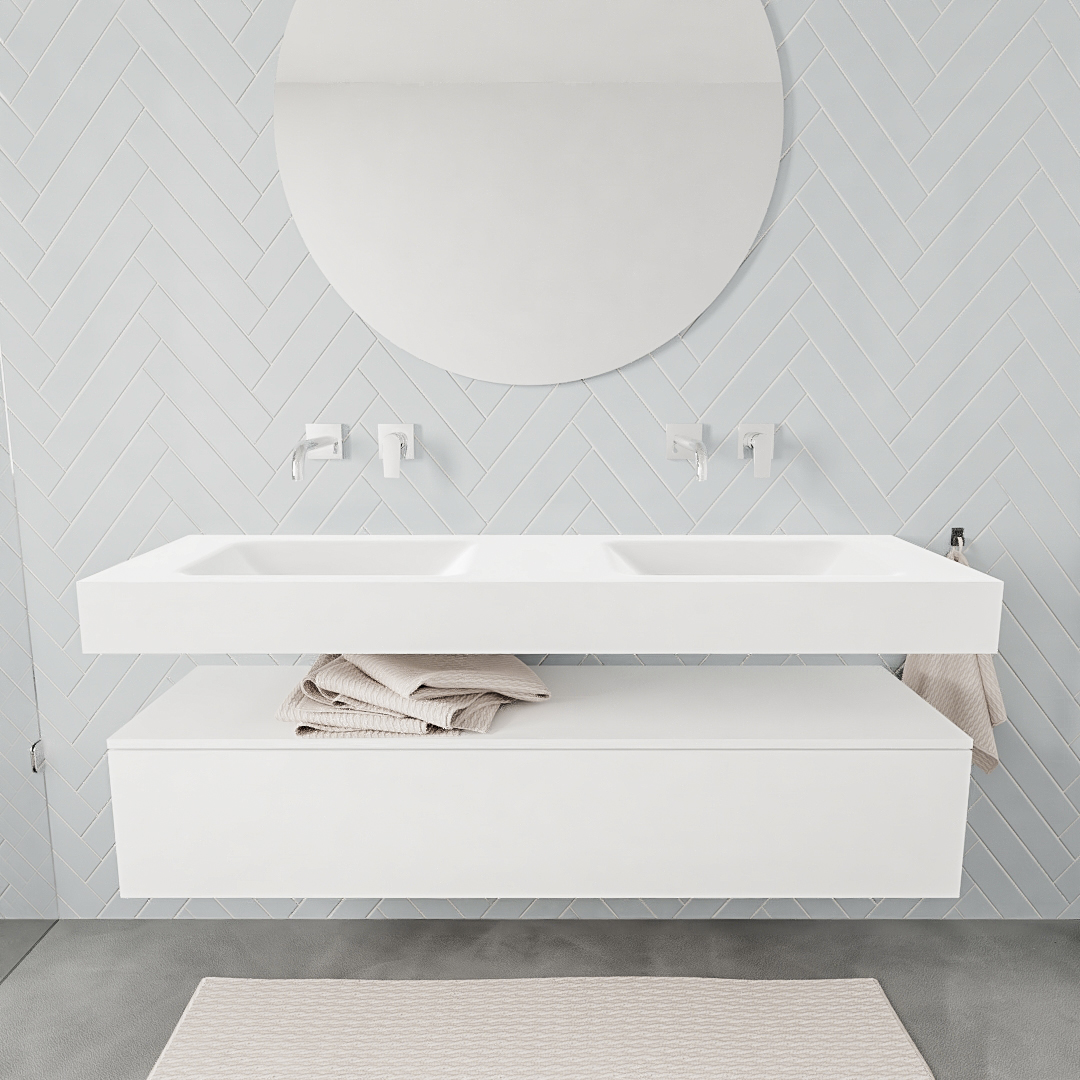 Mueble suspendido ALAN 150 cm de 1 cajón blanco mate. Encimera con lavabo CLOUD doble sin orificio blanco mate 7 color Talc.