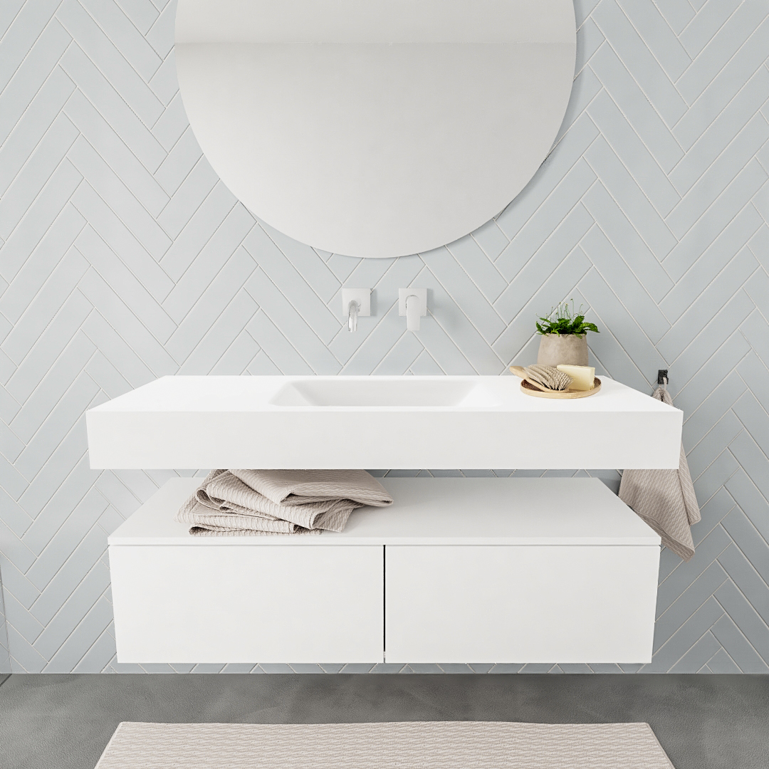 Mueble suspendido ALAN 120 cm de 2 cajones blanco mate. Encimera con lavabo CLOUD centro sin orificio blanco mate 7 color Talc.