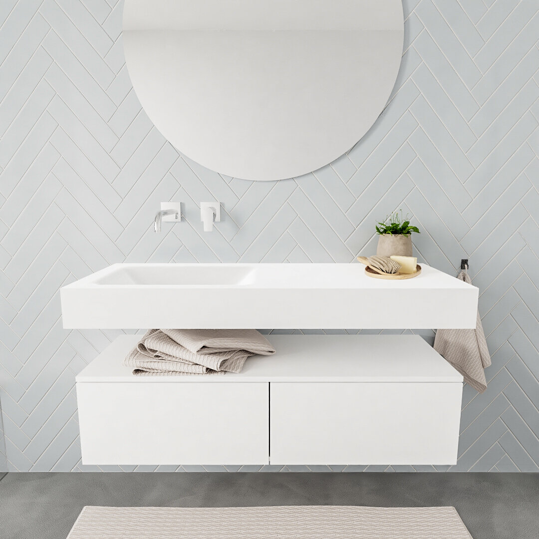 Mueble suspendido ALAN 120 cm de 2 cajones blanco mate. Encimera con lavabo CLOUD izquierda sin orificio blanco mate 7 color Talc.