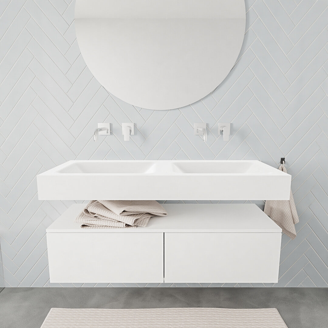 Mueble suspendido ALAN 120 cm de 2 cajones blanco mate. Encimera con lavabo CLOUD doble sin orificio blanco mate 7 color Talc.