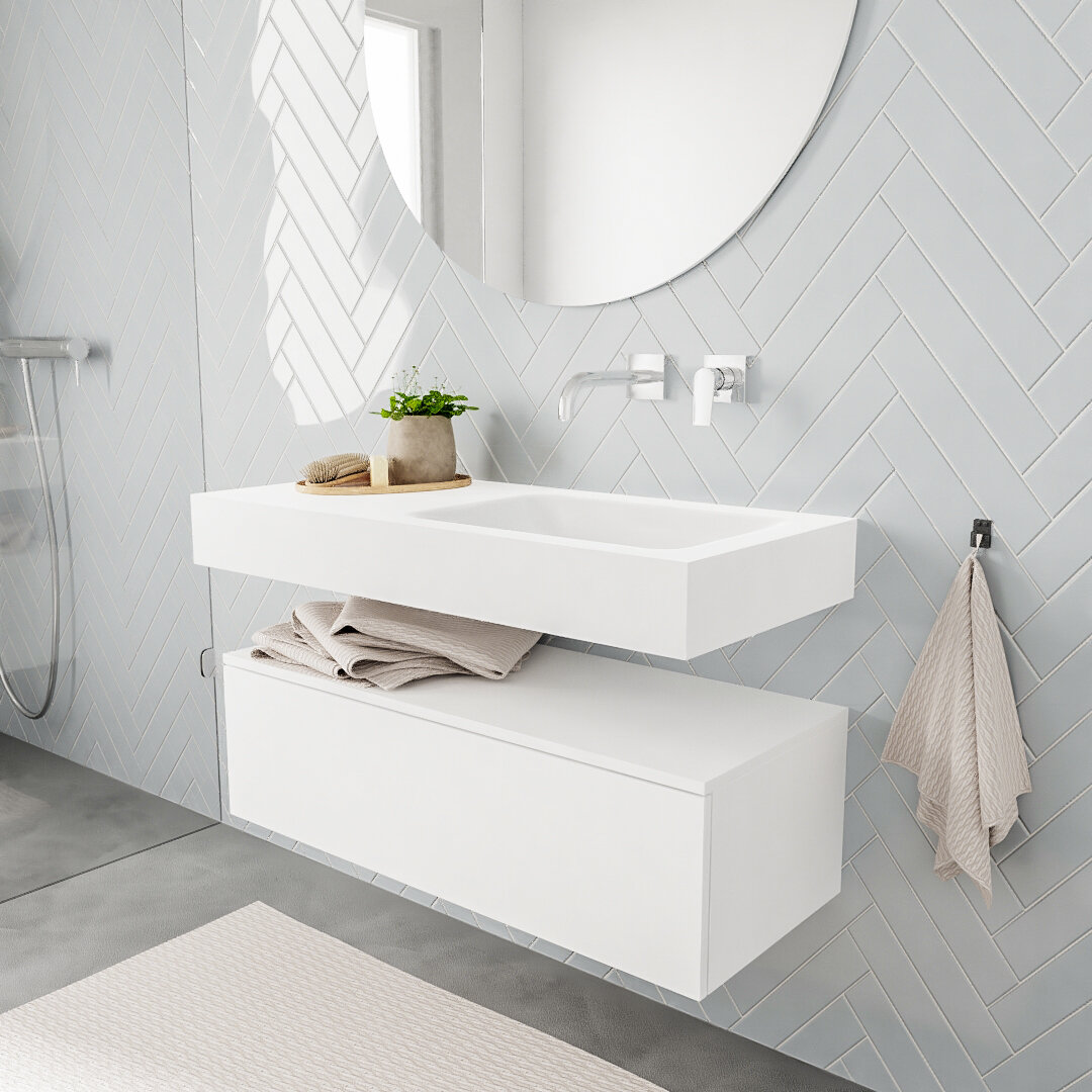 Mueble suspendido ALAN 100 cm de 1 cajón blanco mate. Encimera con lavabo CLOUD derecha sin orificio blanco mate 6 MONDIAZ ALAN 100cm mueble de baño Talc 1 cajón lavabo suspendido Derecho sin orificio