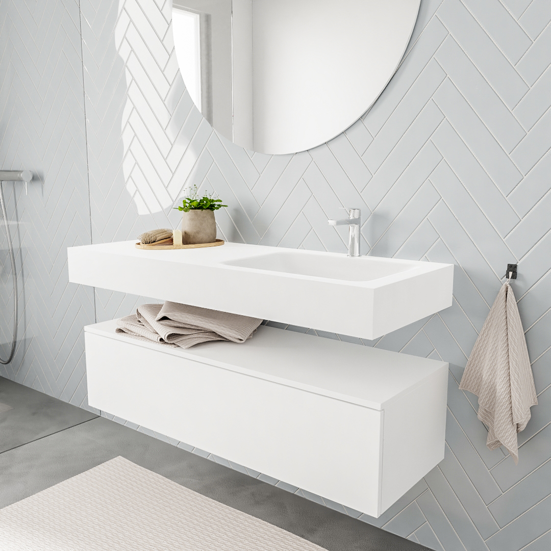 Mueble suspendido ALAN 120 cm de 1 cajón blanco mate. Encimera con lavabo CLOUD derecha 1 orificio blanco mate 6 MONDIAZ ALAN 120cm mueble de baño Talc 1 cajón lavabo suspendido Derecho 1 orificio