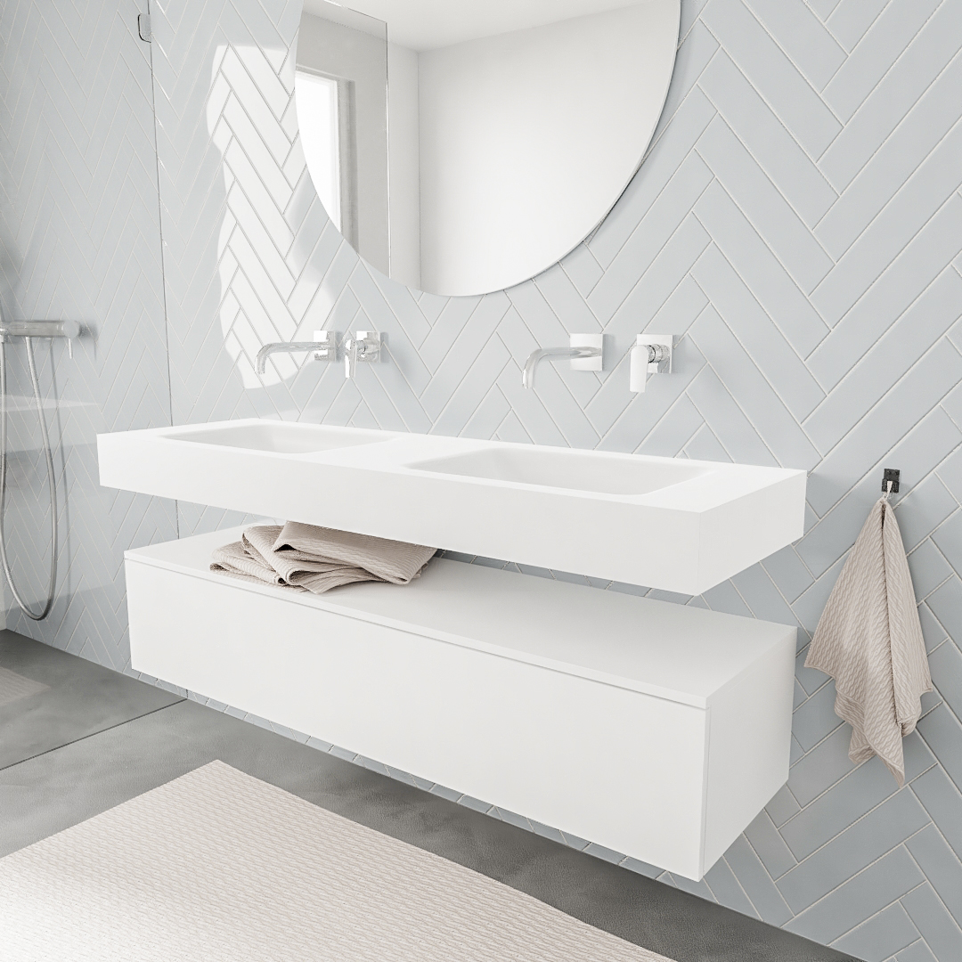 Mueble suspendido ALAN 150 cm de 1 cajón blanco mate. Encimera con lavabo CLOUD doble sin orificio blanco mate 6 MONDIAZ ALAN 150cm mueble de baño Talc 1 cajón lavabo suspendido Doble sin orificio