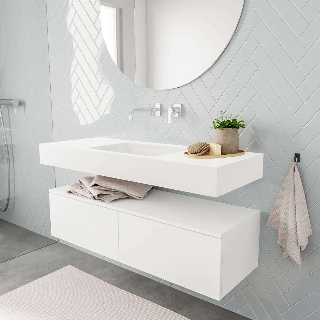 Mueble suspendido ALAN 120 cm de 2 cajones blanco mate. Encimera con lavabo CLOUD centro sin orificio blanco mate 6 MONDIAZ ALAN 120cm mueble de baño Talc 2 cajones lavabo suspendido Centro sin orificio