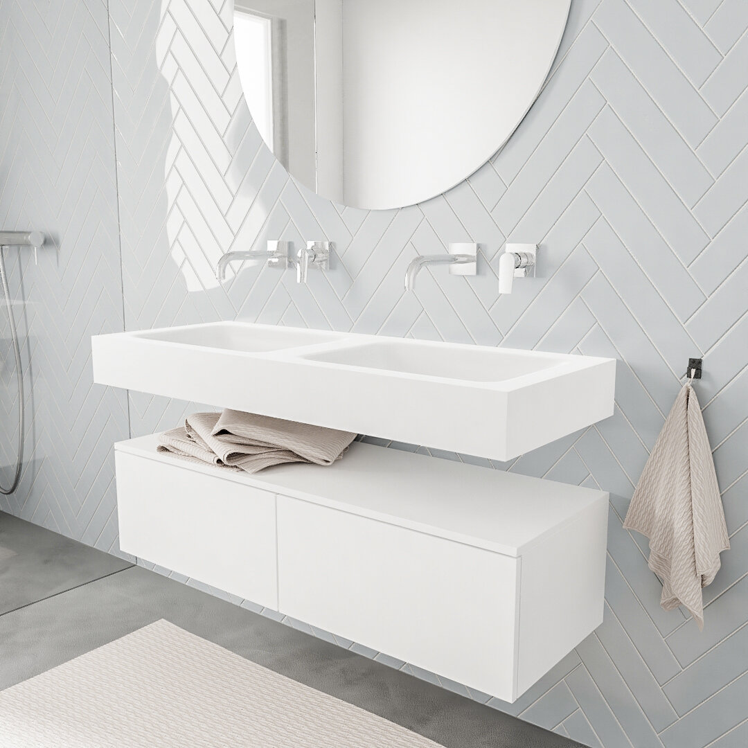 Mueble suspendido ALAN 120 cm de 2 cajones blanco mate. Encimera con lavabo CLOUD doble sin orificio blanco mate 6 MONDIAZ ALAN 120cm mueble de baño Talc 2 cajones lavabo suspendido Doble sin orificio