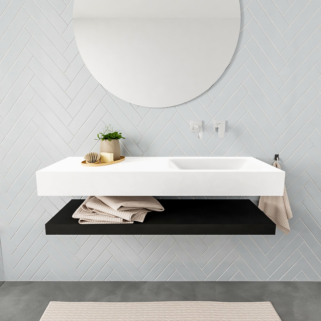 Mueble suspendido ALAN 120 cm de Sin cajones urban. Encimera con lavabo CLOUD derecha sin orificio blanco mate 7 color Talc.