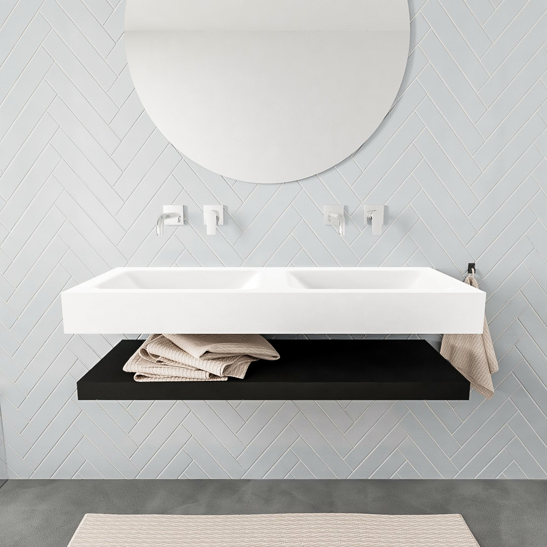 Mueble suspendido ALAN 120 cm de Sin cajones urban. Encimera con lavabo CLOUD doble sin orificio blanco mate 7 color Talc.