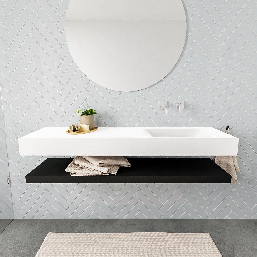 Mueble suspendido ALAN 150 cm de Sin cajones urban. Encimera con lavabo CLOUD derecha sin orificio blanco mate 7 color Talc.