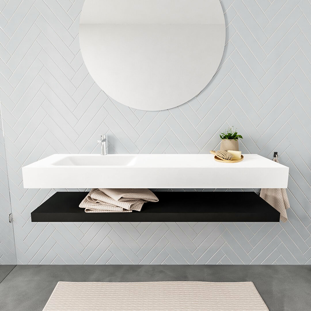 Mueble suspendido ALAN 150 cm de Sin cajones urban. Encimera con lavabo CLOUD izquierda 1 orificio blanco mate 7 color Talc.