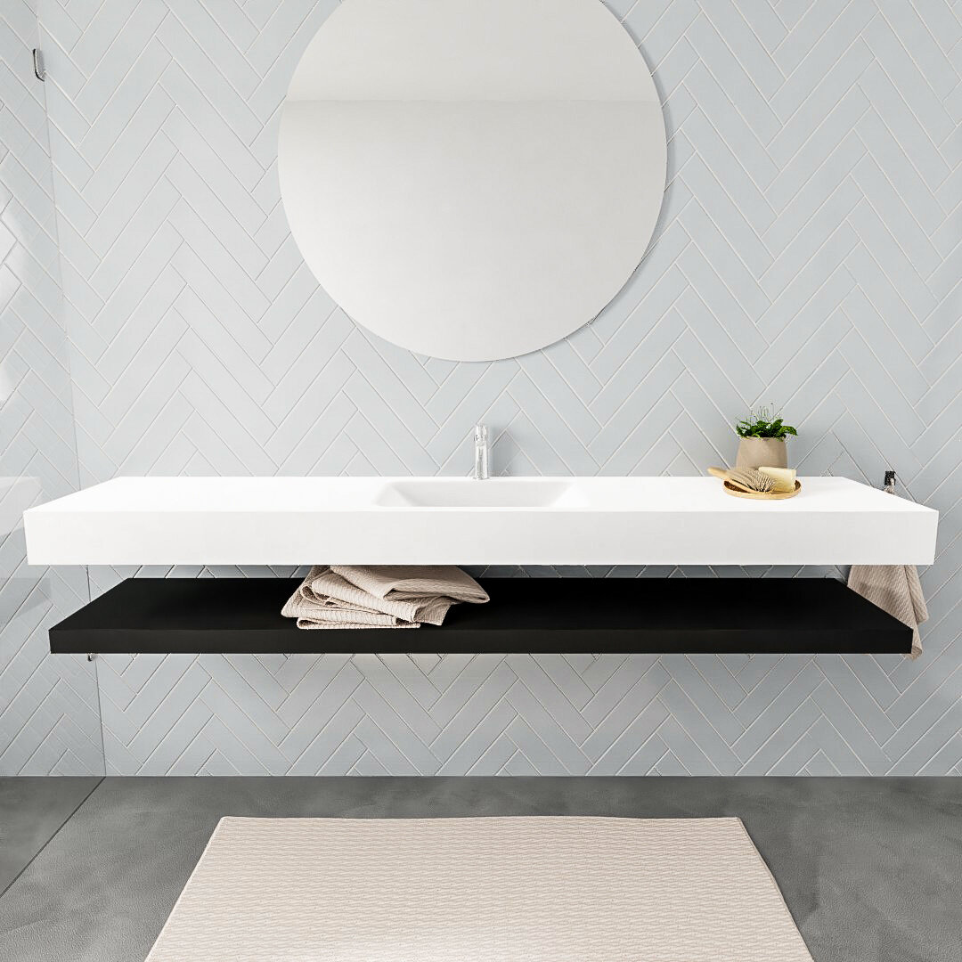 Mueble suspendido ALAN 200 cm de Sin cajones urban. Encimera con lavabo CLOUD centro 1 orificio blanco mate 7 color Talc.
