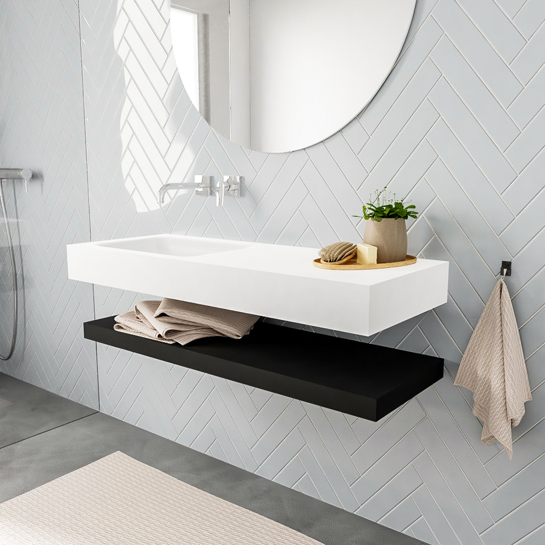 Mueble suspendido ALAN 120 cm de Sin cajones urban. Encimera con lavabo CLOUD izquierda sin orificio blanco mate 6 MONDIAZ ALAN 120cm solid surface estante Urban. Lavabo suspendido Izquierda sin orificio
