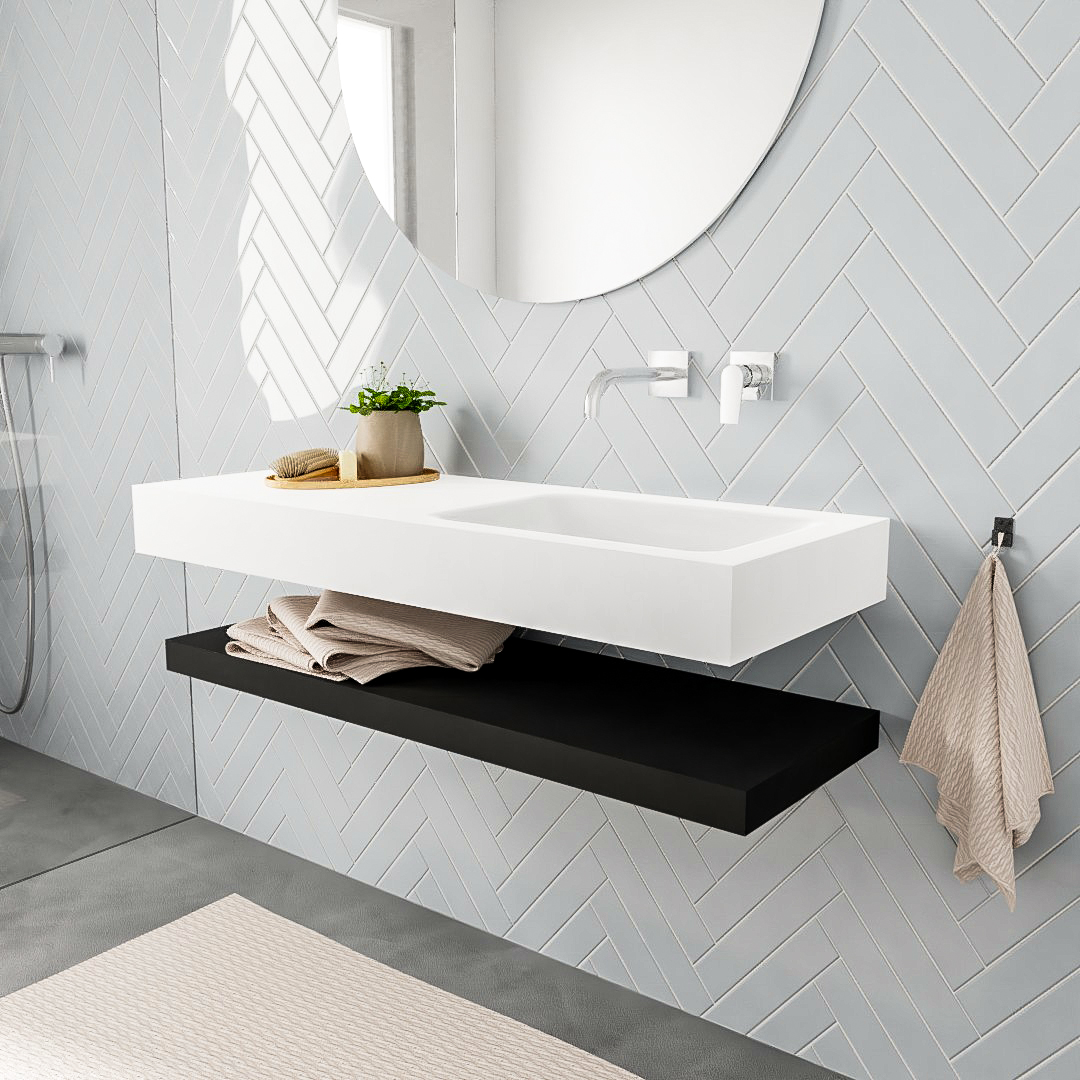 Mueble suspendido ALAN 120 cm de Sin cajones urban. Encimera con lavabo CLOUD derecha sin orificio blanco mate 6 MONDIAZ ALAN 120cm solid surface estante Urban. Lavabo suspendido Derecho sin orificio