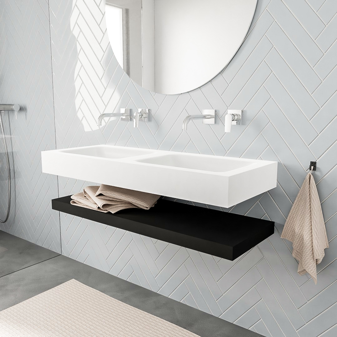 Mueble suspendido ALAN 120 cm de Sin cajones urban. Encimera con lavabo CLOUD doble sin orificio blanco mate 6 MONDIAZ ALAN 120cm solid surface estante Urban. Lavabo suspendido Doble sin orificio