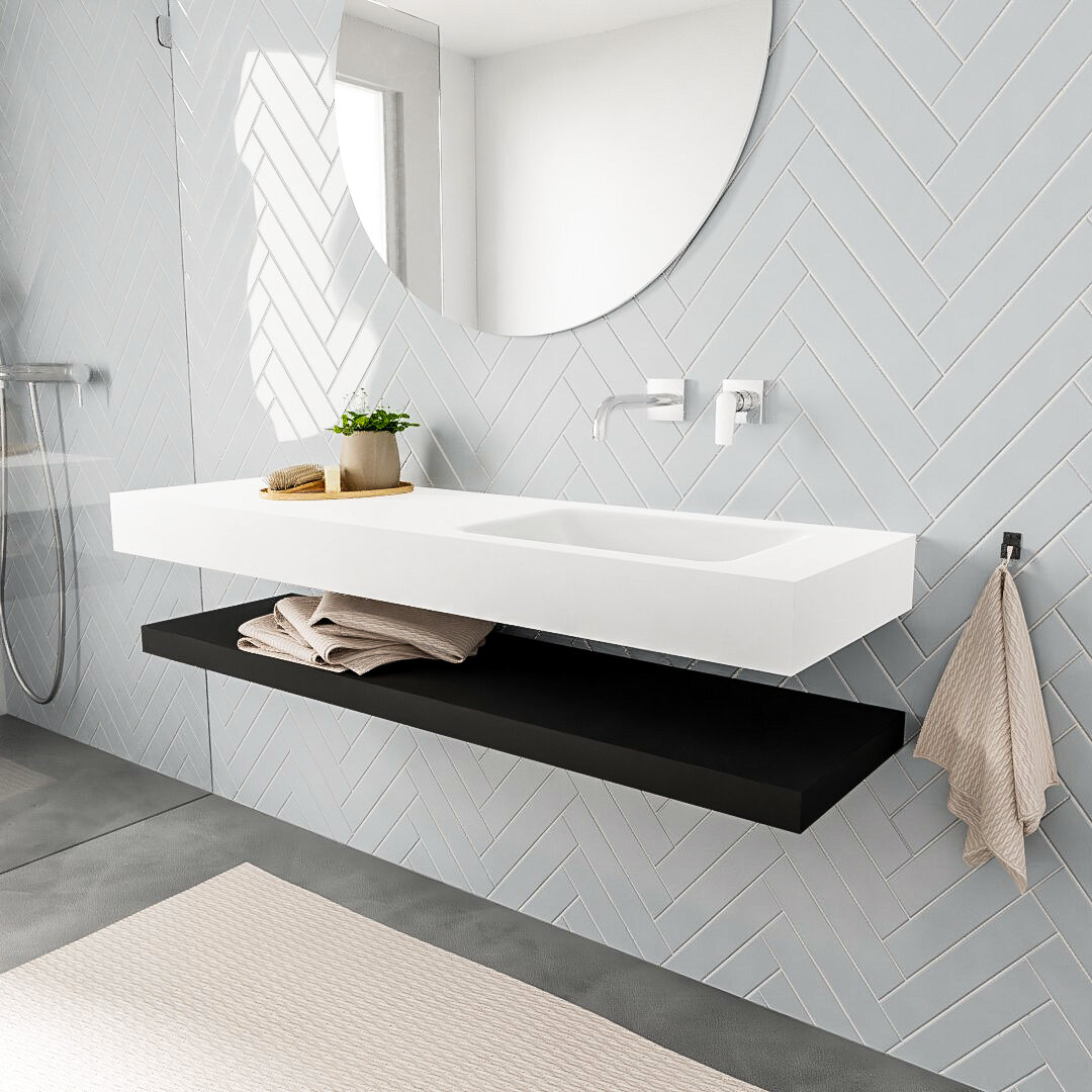 Mueble suspendido ALAN 150 cm de Sin cajones urban. Encimera con lavabo CLOUD derecha sin orificio blanco mate 6 MONDIAZ ALAN 150cm solid surface estante Urban. Lavabo suspendido Derecho sin orificio