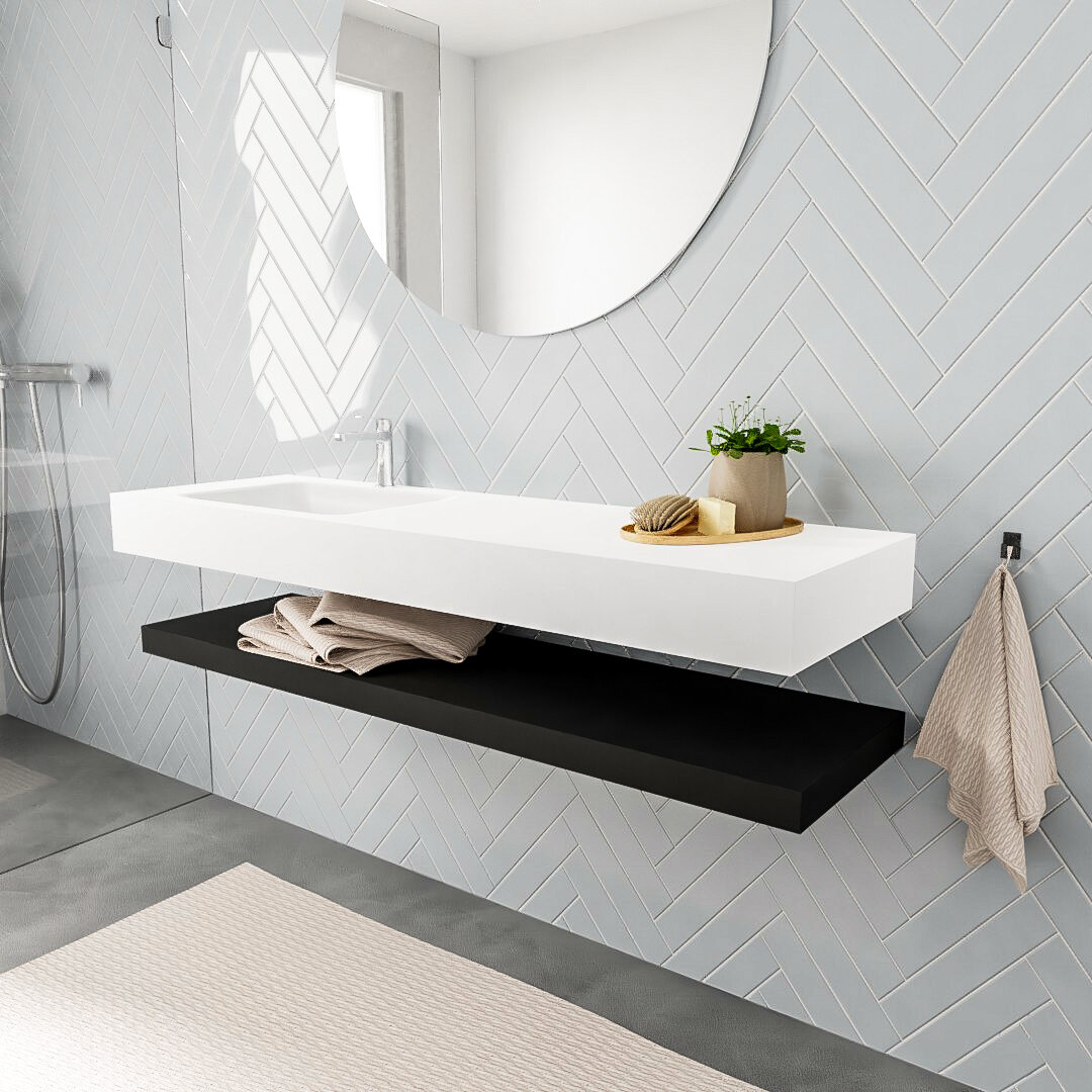 Mueble suspendido ALAN 150 cm de Sin cajones urban. Encimera con lavabo CLOUD izquierda 1 orificio blanco mate 6 MONDIAZ ALAN 150cm solid surface estante Urban. Lavabo suspendido Izquierda 1 orificio