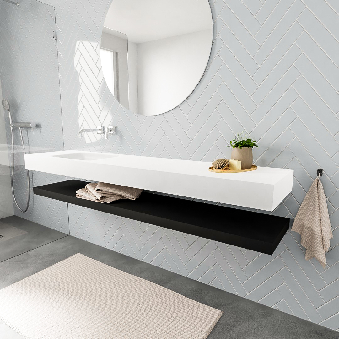 Mueble suspendido ALAN 200 cm de Sin cajones urban. Encimera con lavabo CLOUD izquierda sin orificio blanco mate 6 MONDIAZ ALAN 200cm solid surface estante Urban. Lavabo suspendido Izquierda sin orificio