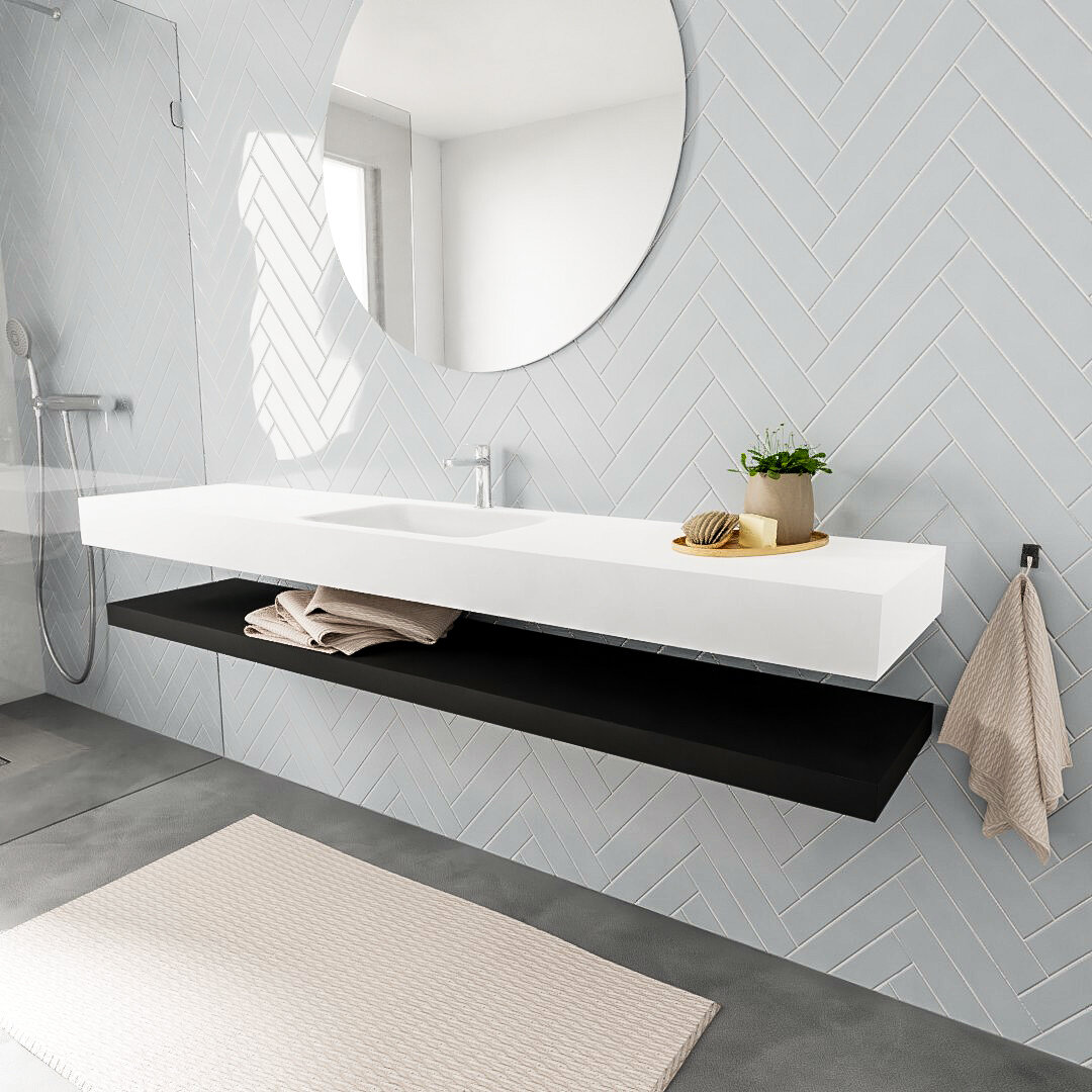 Mueble suspendido ALAN 200 cm de Sin cajones urban. Encimera con lavabo CLOUD centro 1 orificio blanco mate 6 MONDIAZ ALAN 200cm solid surface estante Urban. Lavabo suspendido Centro 1 orificio