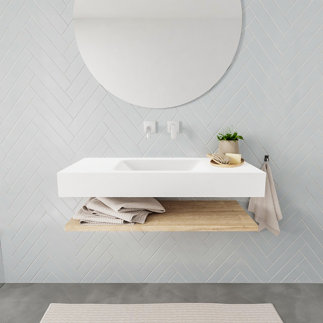 Mueble suspendido ALAN 100 cm de Sin cajones roble lavabo. Encimera con lavabo CLOUD centro sin orificio blanco mate 7 color Talc.