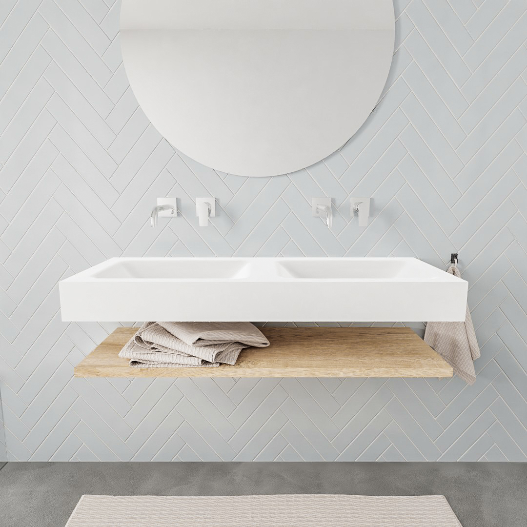 Mueble suspendido ALAN 120 cm de Sin cajones roble lavabo. Encimera con lavabo CLOUD doble sin orificio blanco mate 7 color Talc.