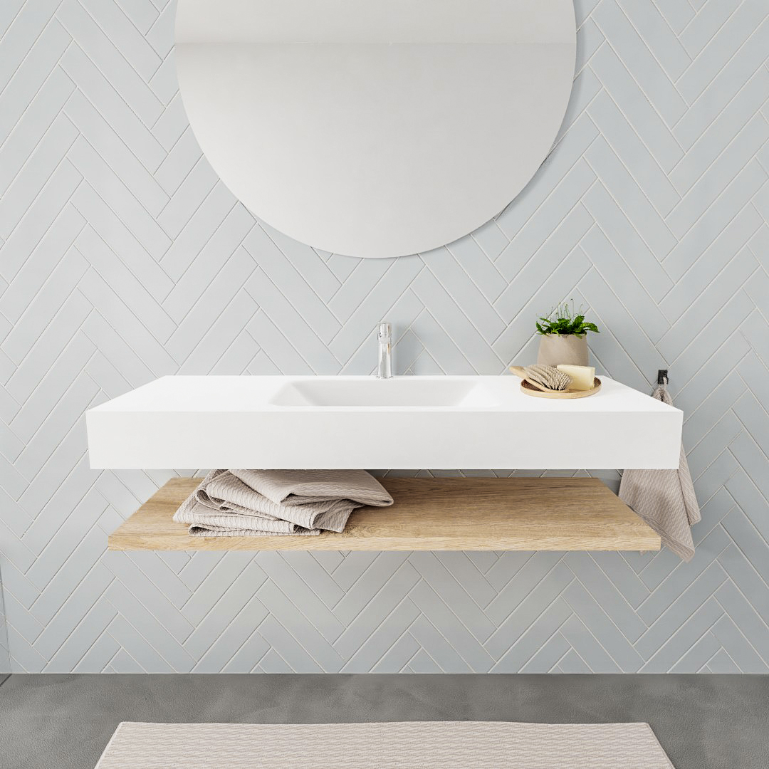 Mueble suspendido ALAN 120 cm de Sin cajones roble lavabo. Encimera con lavabo CLOUD centro 1 orificio blanco mate 7 color Talc.