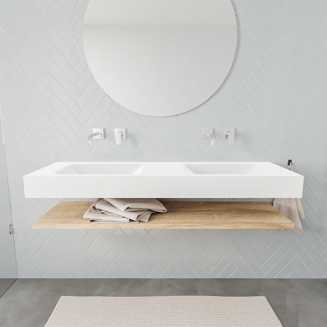 Mueble suspendido ALAN 150 cm de Sin cajones roble lavabo. Encimera con lavabo CLOUD doble sin orificio blanco mate 7 color Talc.