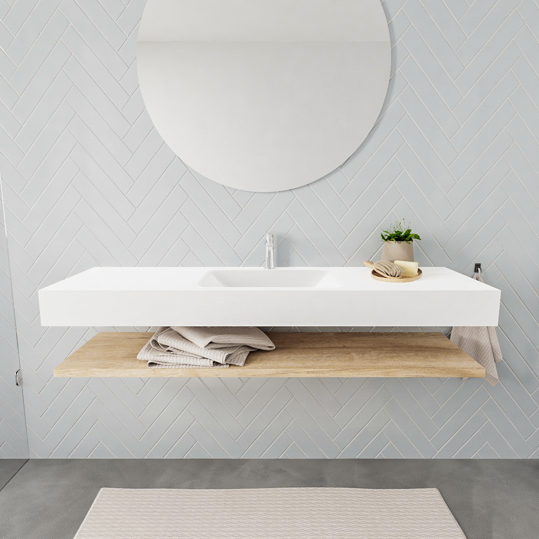 Mueble suspendido ALAN 150 cm de Sin cajones roble lavabo. Encimera con lavabo CLOUD centro 1 orificio blanco mate 7 color Talc.