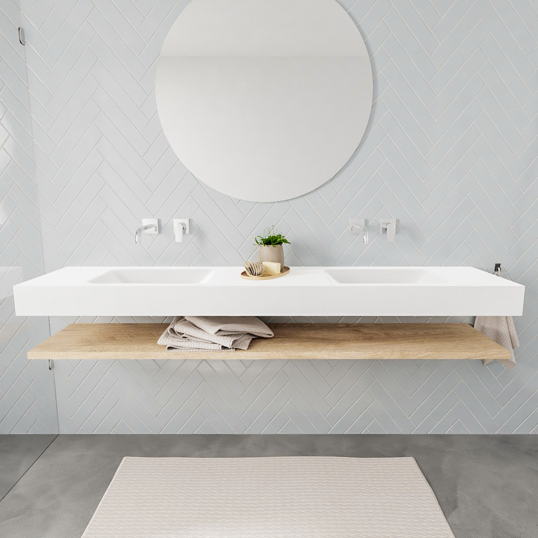MONDIAZ ALAN 200cm estante Washed Oak. Lavabo suspendido Doble sin orificio, color Talc. 2 color Talc.