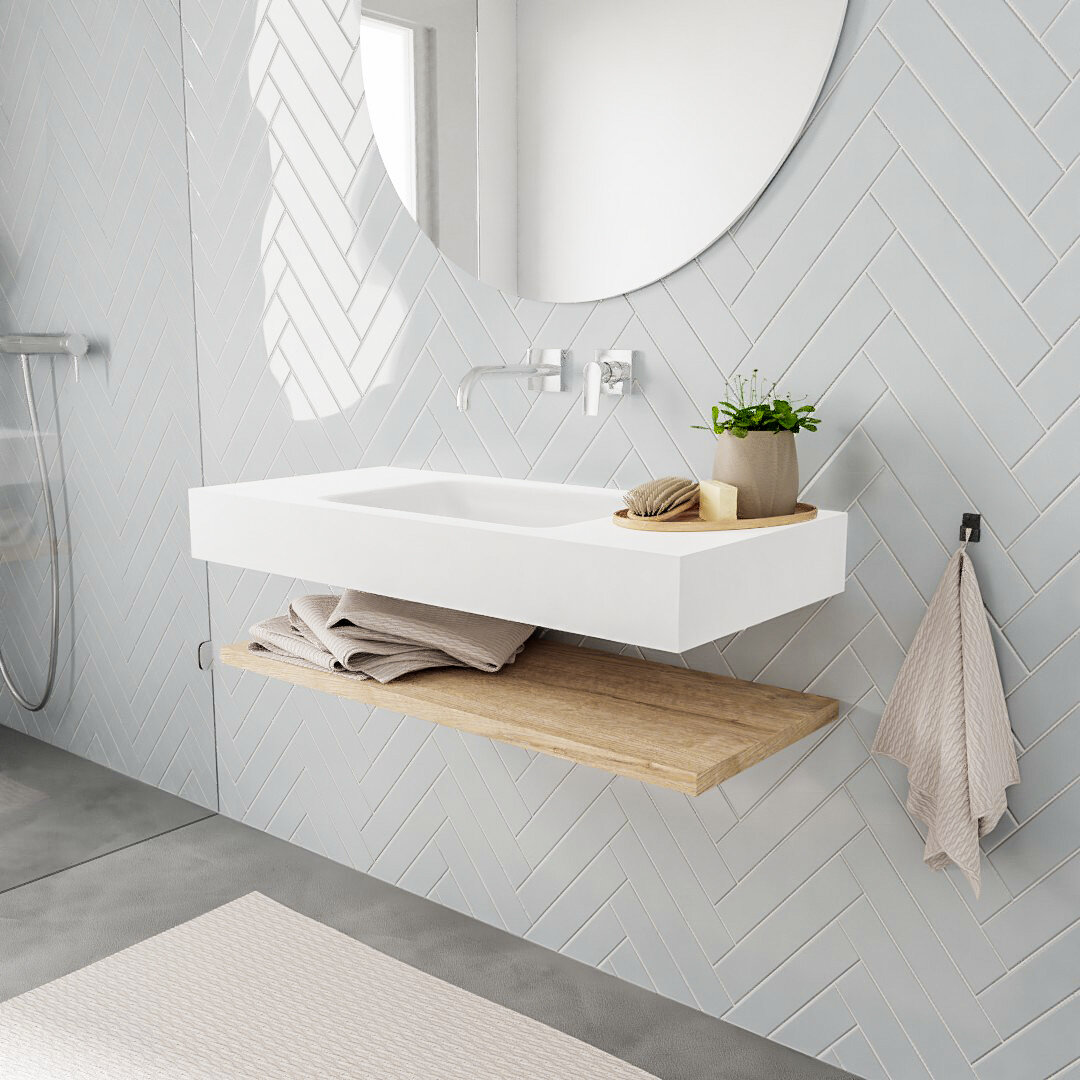 Mueble suspendido ALAN 100 cm de Sin cajones roble lavabo. Encimera con lavabo CLOUD centro sin orificio blanco mate 6 MONDIAZ ALAN 100cm estante Washed Oak. Lavabo suspendido Centro sin orificio