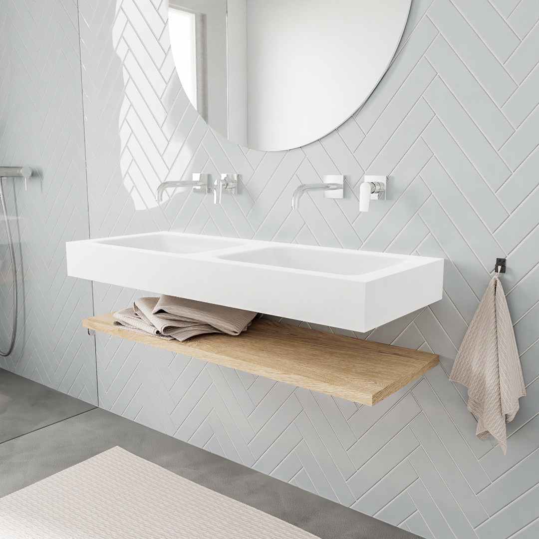 Mueble suspendido ALAN 120 cm de Sin cajones roble lavabo. Encimera con lavabo CLOUD doble sin orificio blanco mate 6 MONDIAZ ALAN 120cm estante Washed Oak. Lavabo suspendido Doble sin orificio