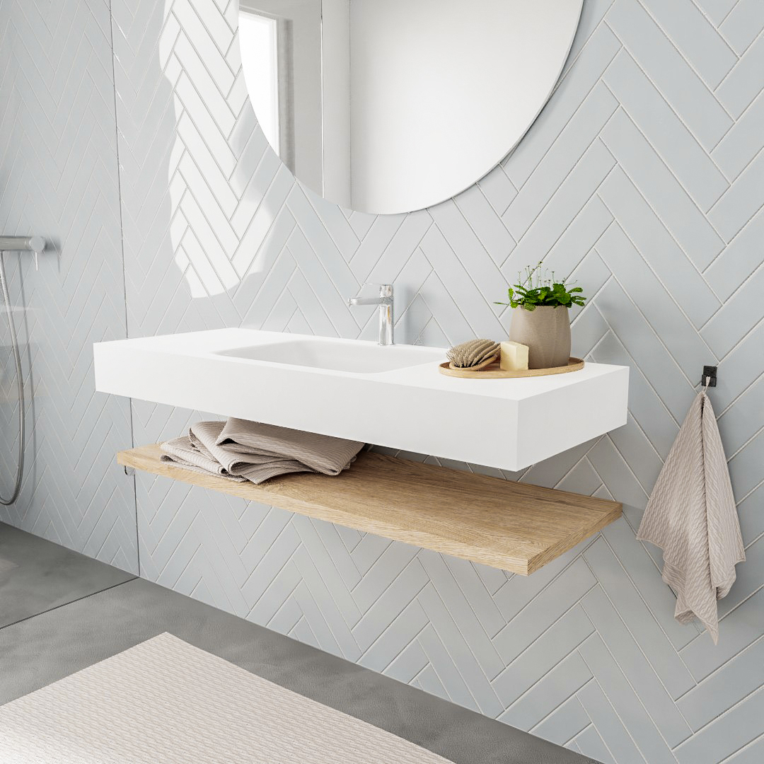 Mueble suspendido ALAN 120 cm de Sin cajones roble lavabo. Encimera con lavabo CLOUD centro 1 orificio blanco mate 6 MONDIAZ ALAN 120cm estante Washed Oak. Lavabo suspendido Centro 1 orificio