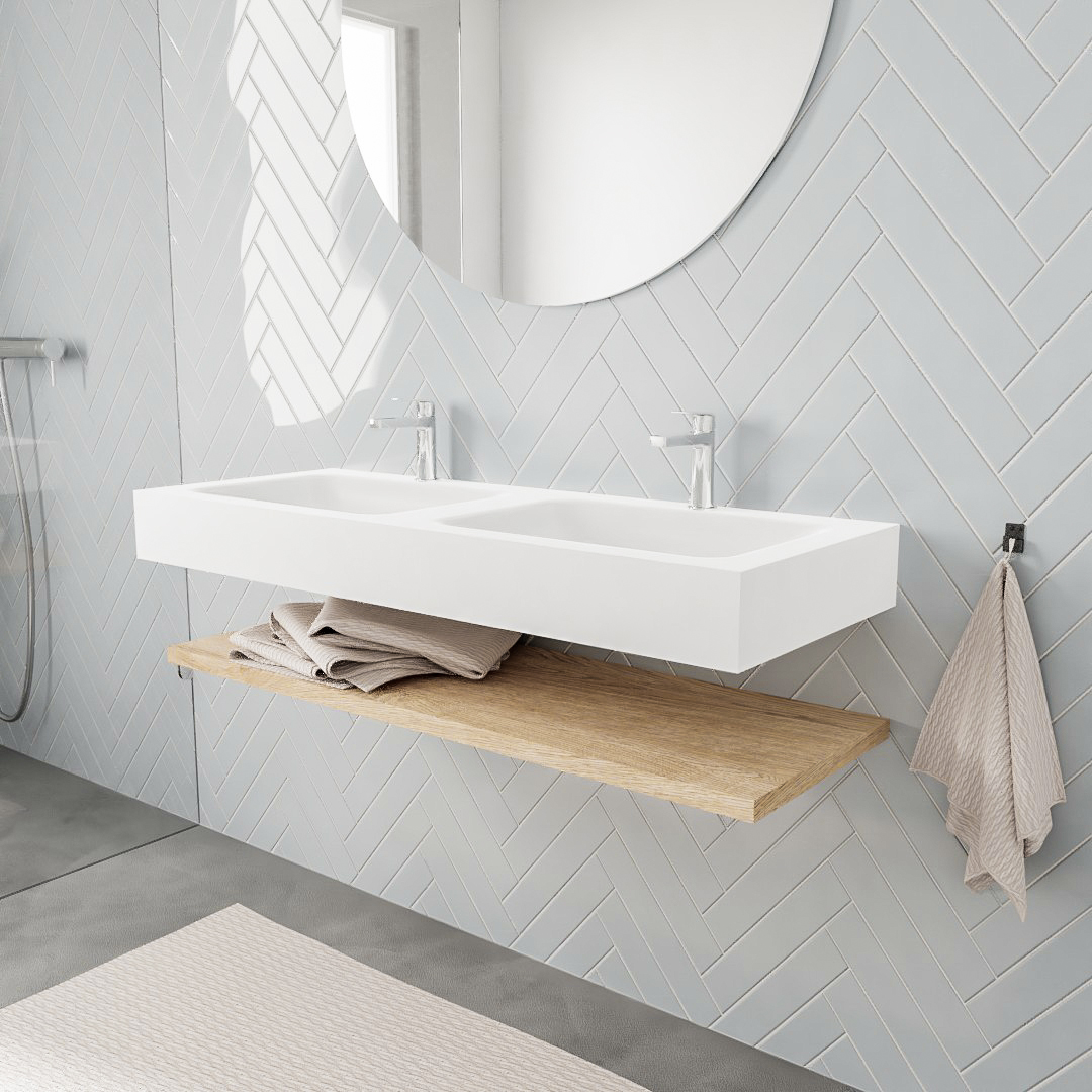 MONDIAZ ALAN 120cm estante Washed Oak. Lavabo suspendido Doble 2 orificios