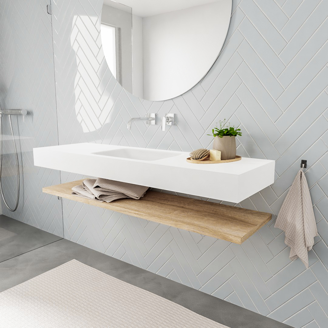 MONDIAZ ALAN 150cm estante Washed Oak. Lavabo suspendido Centro sin orificio