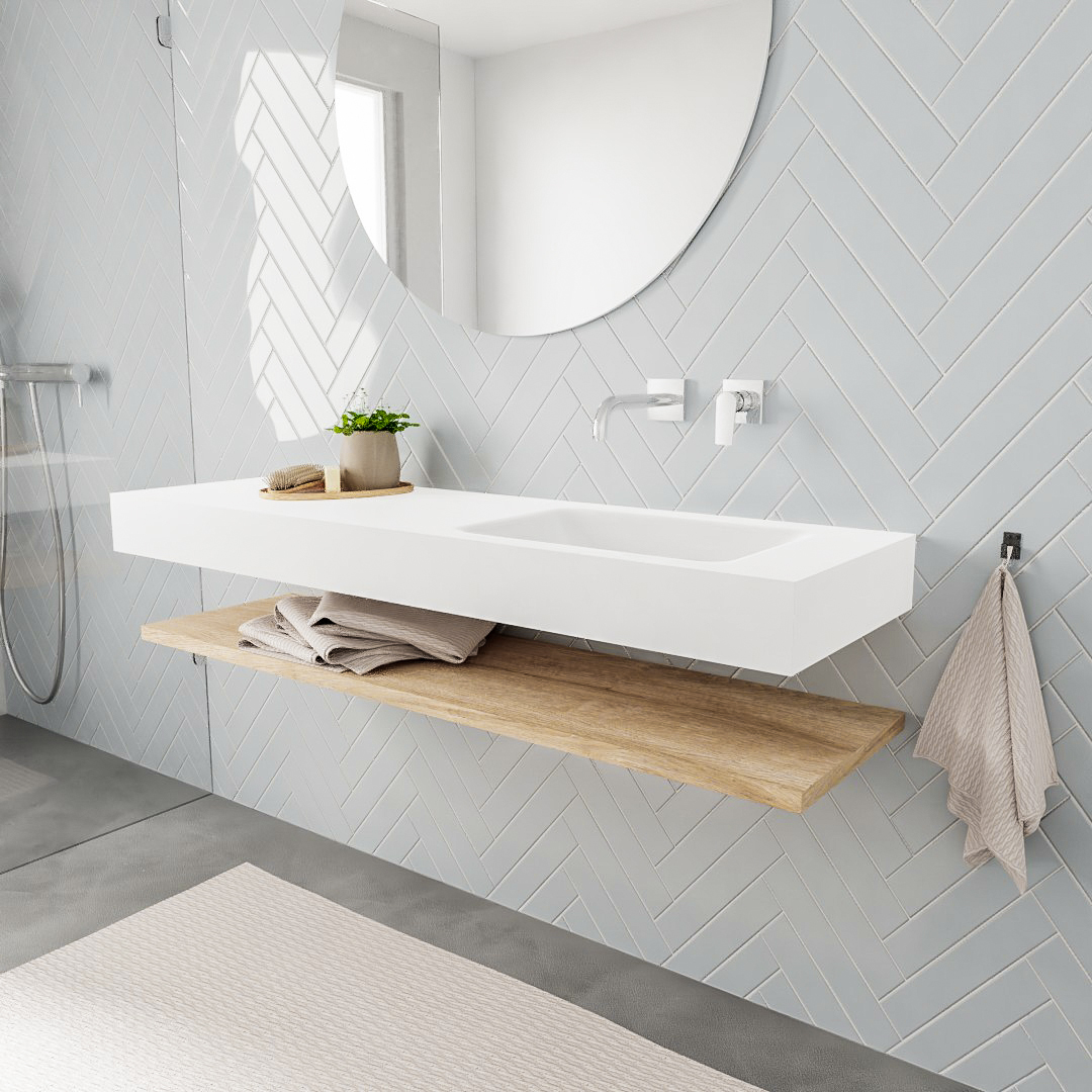 MONDIAZ ALAN 150cm estante Washed Oak. Lavabo suspendido Derecho sin orificio