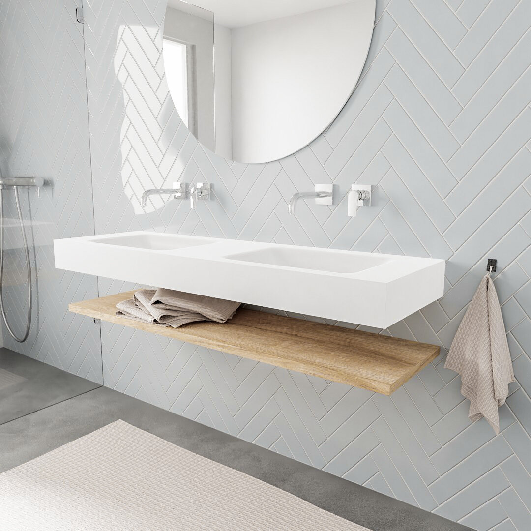 Mueble suspendido ALAN 150 cm de Sin cajones roble lavabo. Encimera con lavabo CLOUD doble sin orificio blanco mate 6 MONDIAZ ALAN 150cm estante Washed Oak. Lavabo suspendido Doble sin orificio